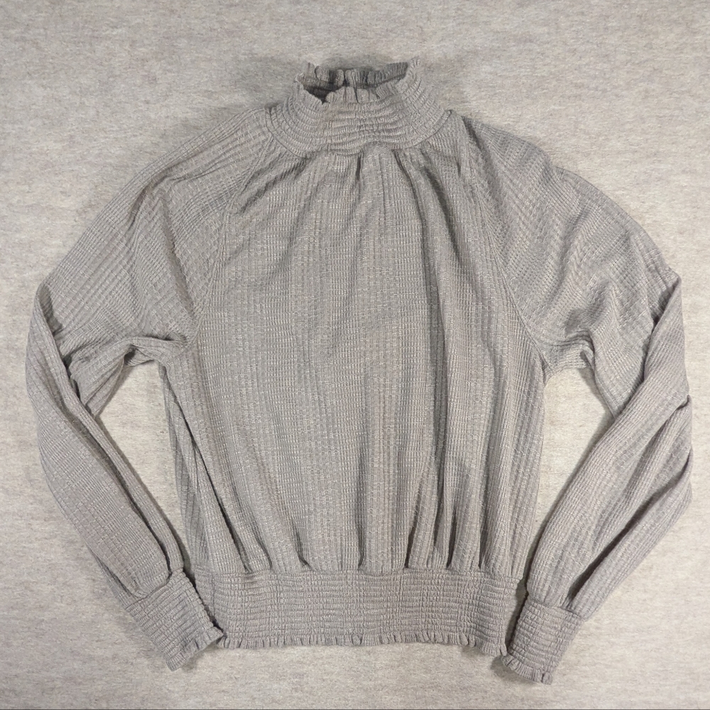 Free People Victorian Gray Taupe Waffle Long Sleeve Mock Neck Top Blouse XS